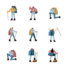 Hiker people cartoons with bags and sticks icon collection vector design
