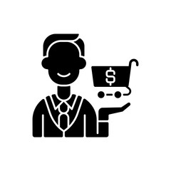 Purchasing department black glyph icon. Responsibility for buying goods, products. Inventory management. Identifying reliable suppliers. Silhouette symbol on white space. Vector isolated illustration