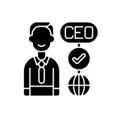 CEO black glyph icon. Chief executive officer. Highest-ranking person in company. Guiding employees. Taking managerial decisions. Silhouette symbol on white space. Vector isolated illustration
