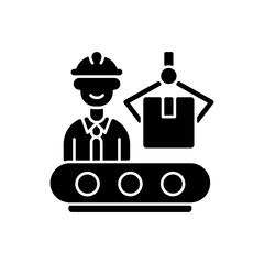 Production department black glyph icon. Responsibility for goods manufacture. Mechanics, maintenance personnel, machine operators. Silhouette symbol on white space. Vector isolated illustration