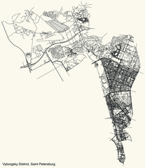 Black simple detailed street roads map on vintage beige background of the neighbourhood Vasileostrovsky District of Saint Petersburg, Russia