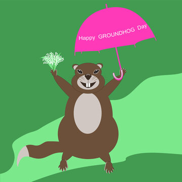 Cheerful Marmot, with an umbrella and a bouquet of lilies of the valley - illustration, vector. Happy Groundhog Day. wildlife