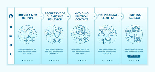 Physical abuse sign onboarding vector template. Child safety. Sexual assault victim. Harassed kid. Responsive mobile website with icons. Webpage walkthrough step screens. RGB color concept