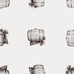 Seamless pattern from sketches of old wooden wine barrels