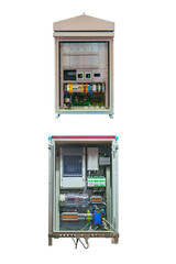 two electrical control Cabinet with an open door isolated on a white background