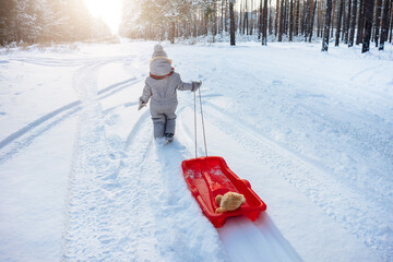 Rear view of a child pulling plastic sled through snowy forest.
