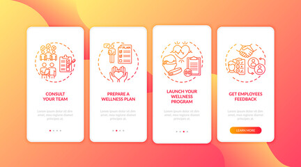 Workplace wellbeing success tips onboarding mobile app page screen with concepts. Consultation, wellness plan walkthrough 4 steps graphic instructions. UI vector template with RGB color illustrations
