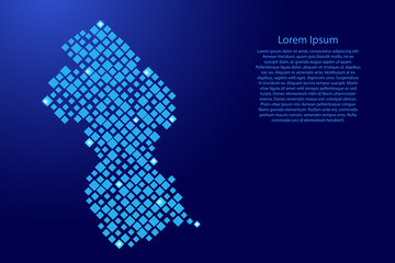 Guyana map from blue pattern rhombuses of different sizes and glowing space stars grid. Vector illustration.