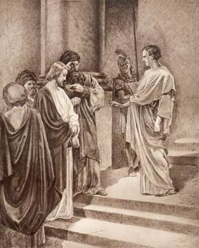 SEBECHLEBY, SLOVAKIA - SEPTEMBER 24, 2011: The lithography judgment of Jesus before Pilate originaly by unknown artist.