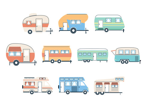 Camper trailers and vans icon group vector design