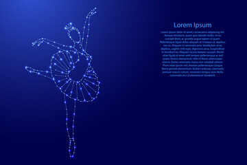 Balerina, balette dencer in the pose arabesque from futuristic polygonal blue lines and glowing stars for banner, poster, greeting card. Vector illustration. © elenvd