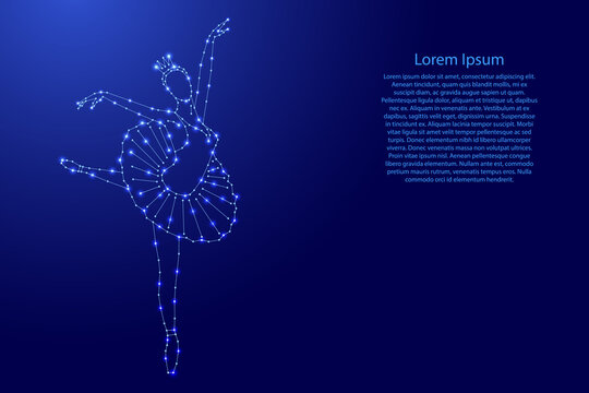 Balerina, balette dencer in the pose arabesque from futuristic polygonal blue lines and glowing stars for banner, poster, greeting card. Vector illustration.