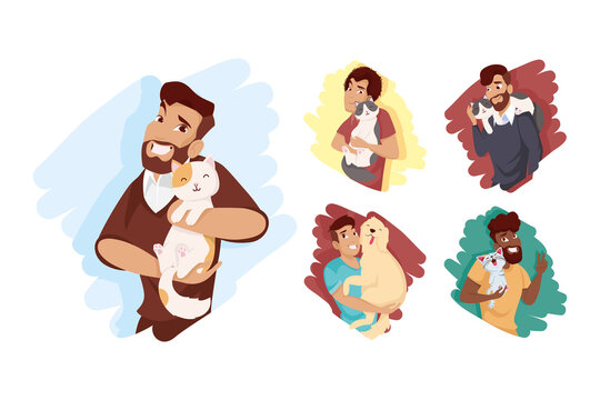 Men with dog and cats mascots icon set vector design