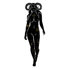 Aries Zodiac Sign. Black nude girl astrology symbol on the white isolated background. Celestial Symbol.