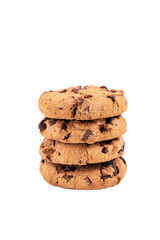 Isolated clipping path of die cut dark chocolate chip cookies piece stack and crumbs on white background of closeup tasty bakery organic homemade American biscuit sweet dessert