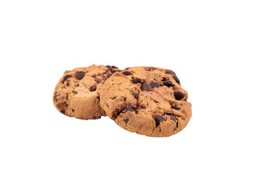 Isolated clipping path of die cut dark chocolate chip cookies piece stack and crumbs on white background of closeup tasty bakery organic homemade American biscuit sweet dessert