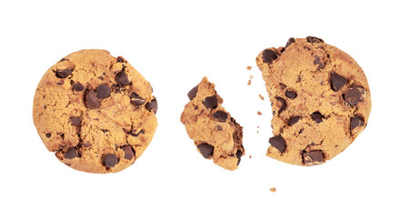 Isolated clipping path of die cut dark chocolate chip cookies piece stack and crumbs on white background of closeup tasty bakery organic homemade American biscuit sweet dessert