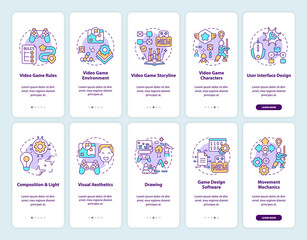 Video game design onboarding mobile app page screen with concepts set. Video game environment walkthrough 10 steps graphic instructions. UI vector template with RGB color illustrations