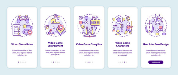 Video game design components onboarding mobile app page screen with concepts. Video game rules walkthrough 5 steps graphic instructions. UI vector template with RGB color illustrations