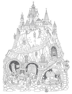 Vector contour thin line illustration. Fairy tale Dragon family apartment in the old cave in a dungeon under the medieval castle. Black and white sketch. Adults coloring book page, tee shirt print