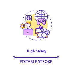 High salary concept icon. Game design industry benefits. Receive lots of money for high quality job. Working idea thin line illustration. Vector isolated outline RGB color drawing. Editable stroke