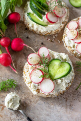 Sandwiches crispbread with ricotta, radish and fresh cucumber on a light or slate countertop.