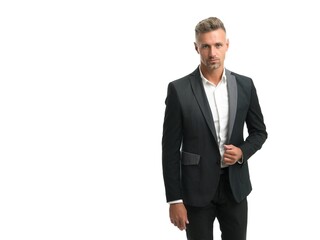 Handsome mature man wear tailored suit in formal business style with fashion look, bespoke, copy space