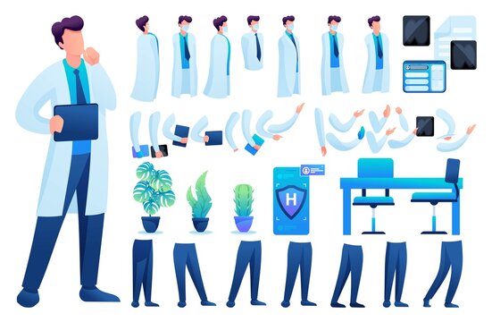 Constructor for creating a doctor N 5. Create your own doctor character with a Set of hands and feet. Flat 2D vector illustration