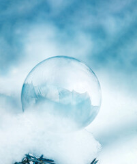 Macro of a frozen soap bubble sitting on a snowy evergreen tree branch. Blue tones and snowfall. Cold weather winter experiment. 