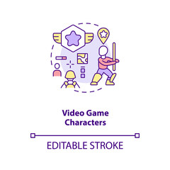 Video game characters concept icon. Video game design components. Match the characters name with theme. Creation idea thin line illustration. Vector isolated outline RGB color drawing. Editable stroke