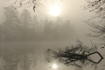 mystic river landcape in fog, death, grief, sorrow