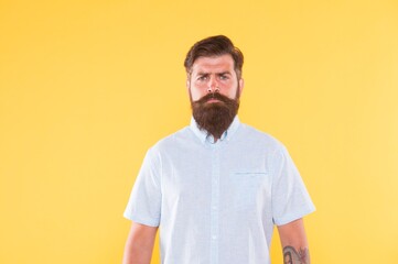 brutal bearded hipster with groomed beard is professional chef in white shirt, cook