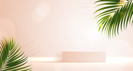 Cosmetic background for product, branding and packaging presentation. geometry form square molding on podium stage with tropical leaf background. vector design