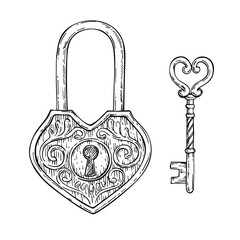 Sketch decorative heart shape key and vintage lock. Hand drawn  valentines day, love symbol