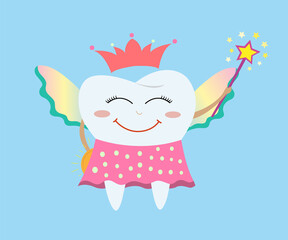 Tooth fairy wearing a polka dot skirt, crown and holding a star magic wand and coin. Tooth fairy flies and hides a coin. The tooth fairy collects children's teeth