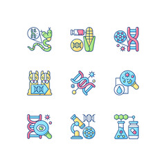 DNA structure experiment RGB color icons set. Genetic mutation. Genetically modiheredityfied organism. Animal cloning. Microbiology analysis. Genetic engineering. Isolated vector illustrations