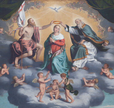 BERGAMO, ITALY - JANUARY 29, 2013:  Detail of painting Incoronazione della Vergine - Coronation of hl. Mary by Giovani Battista Moroni (1520 - 1578) in church San Alessandro della Croce.