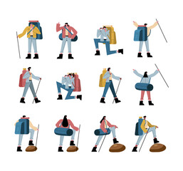 Fototapeta na wymiar Hiker people cartoons with bags and sticks symbol collection vector design