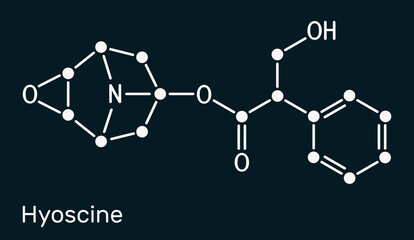 Hyoscine, scopolamine. L-Scopolamine molecule. It is natural plant alkaloid, psychoactive, anticholinergic, antimuscarinic drug. Skeletal chemical formula on the dark blue background