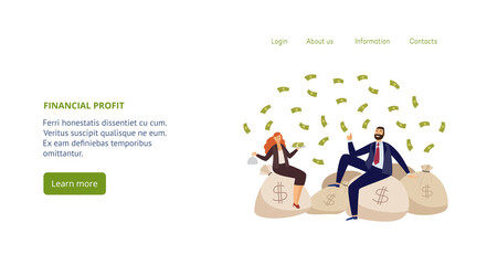 Website of financial profit topic with rich people flat vector illustration.