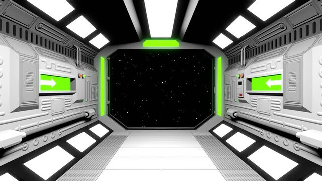 Moving through opening spaceship gateway in to the outer space. Futuristic spacecraft tunnel Interior. 3d render animation.