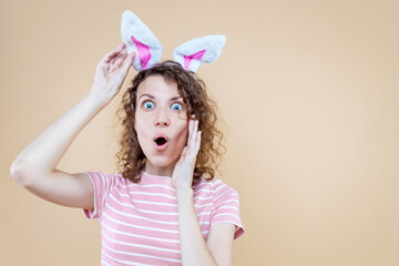 Young beautiful woman wearing easter rabbit ears standing over isolated pink background with hand on chin thinking about question, pensive expression. Smiling with thoughtful face. Doubt concept.