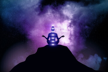 Woman meditates on outer space background. - obrazy, fototapety, plakaty