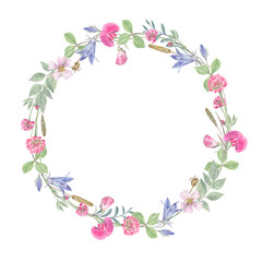 Wild flowers wreath of white isolated background. Watercolor hand drawn elements. Elegant and beautiful flowers composition for spring and summer.