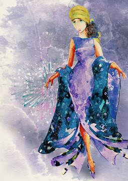 Lady in a purple vintage dress. Watercolor fashion background. Design element