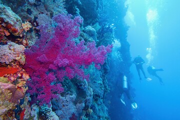 Beautiful tropical coral reef with purple soft coral. Scuba divers near underwater wall on the background