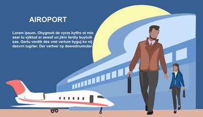 People on the landing page of the airport terminal website. Passengers walking in the background of the plane and terminal. Business trip, travel banner web page. Cartoon flat vector illustration