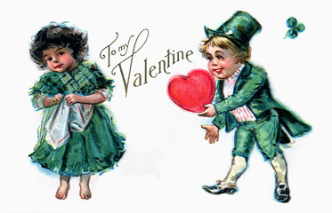 Valentine card early 1900 vintage illustration restored, boy dressed in green suit and top hat giving a red heart to a girl in a green dress