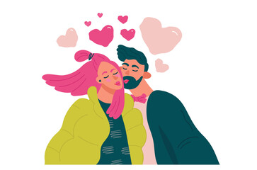 Cute couple in love, man and woman kissing. Concepts for Valentine's Day. Vector flat cartoon illustration for designers templates.