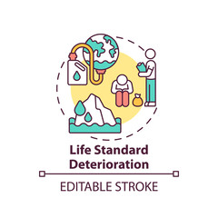 Life standard deterioration concept icon. Climate justice idea thin line illustration. Vector isolated outline RGB color drawing. Low-income communities. Human influence on nature. Editable stroke